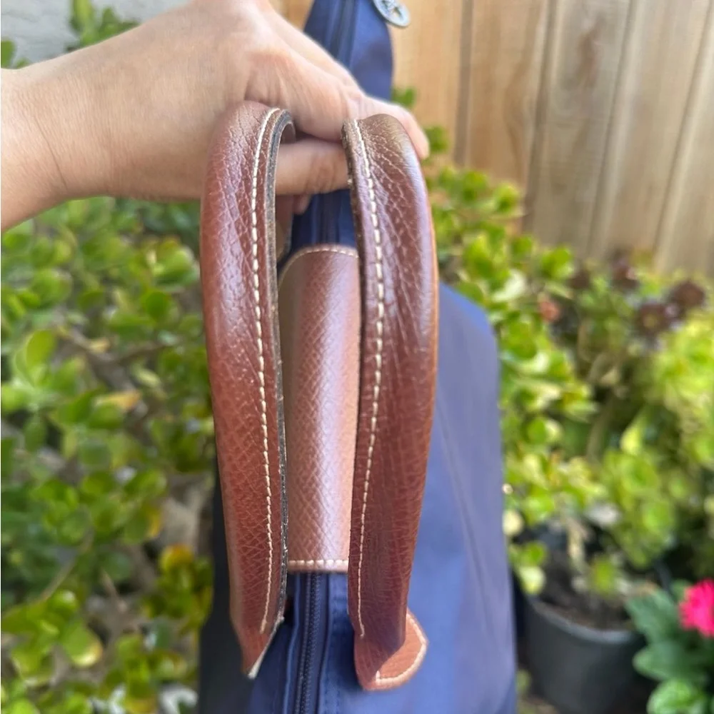 Longchamp Navy Tote with Brown Leather Trim